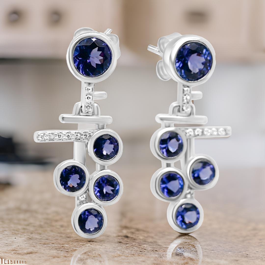 Natural Tanzanite and Round White CZ Rhodium Plated 925 Sterling Silver Earrings For Sale 1
