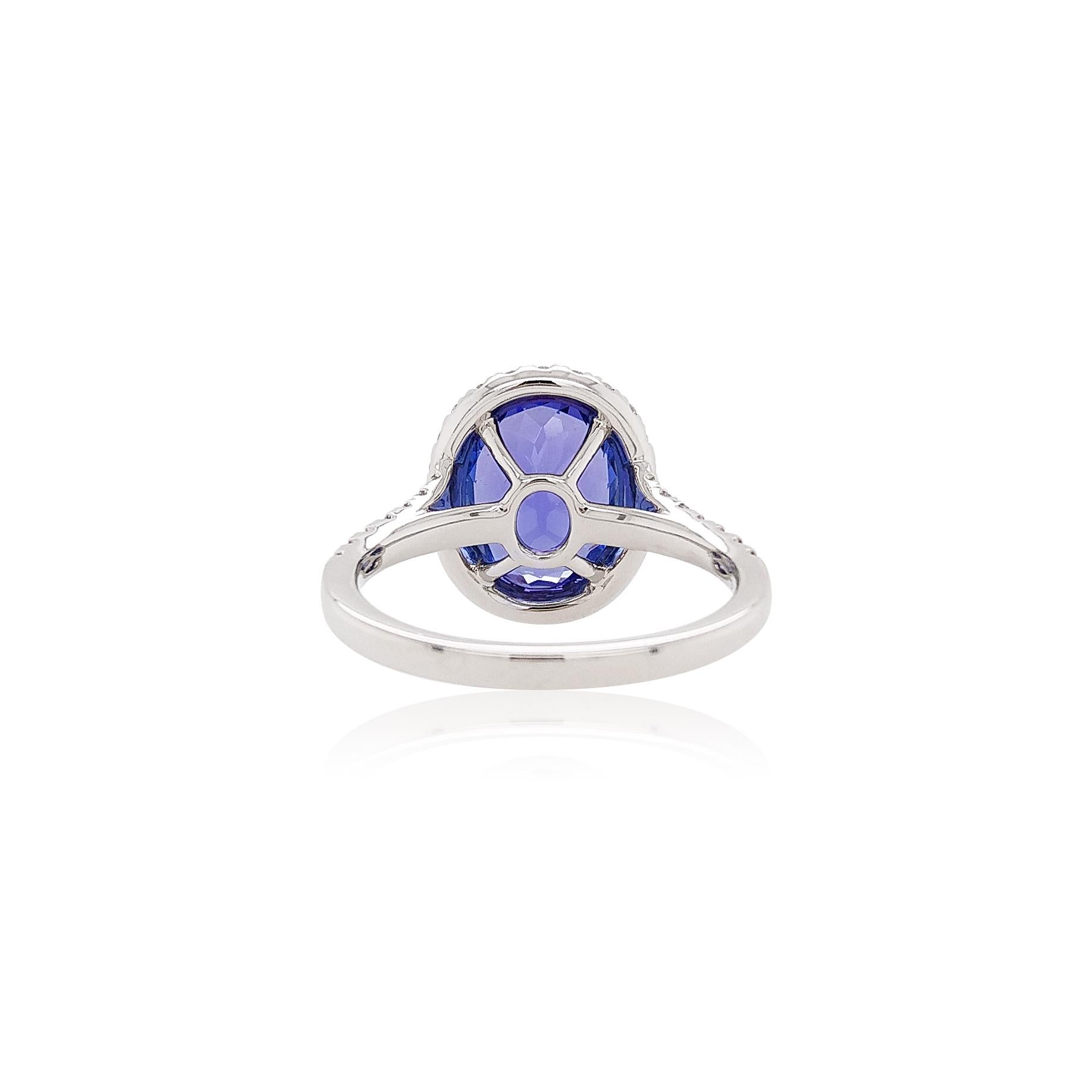 This elegant ring features a lustrous Tanzanite surrounded by a halo of glistening White Diamonds, in a design that is fast becoming a modern classic. Set in platinum to enrich the lustre of the Tanzanite and the bright sparkle of the White