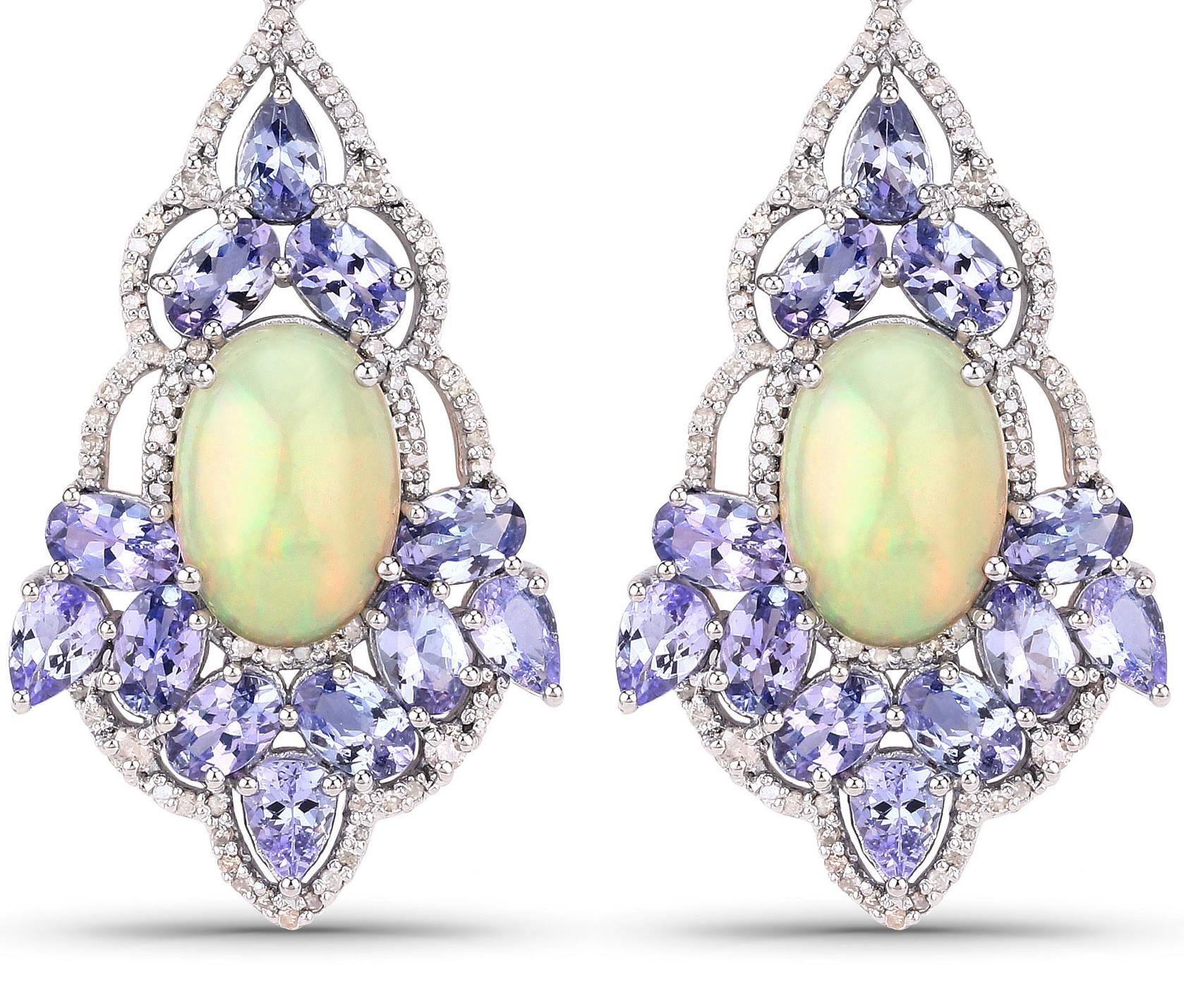 Contemporary Natural Tanzanite Aquamarine Opal and Diamond Statement Earrings 17.7 Carats For Sale