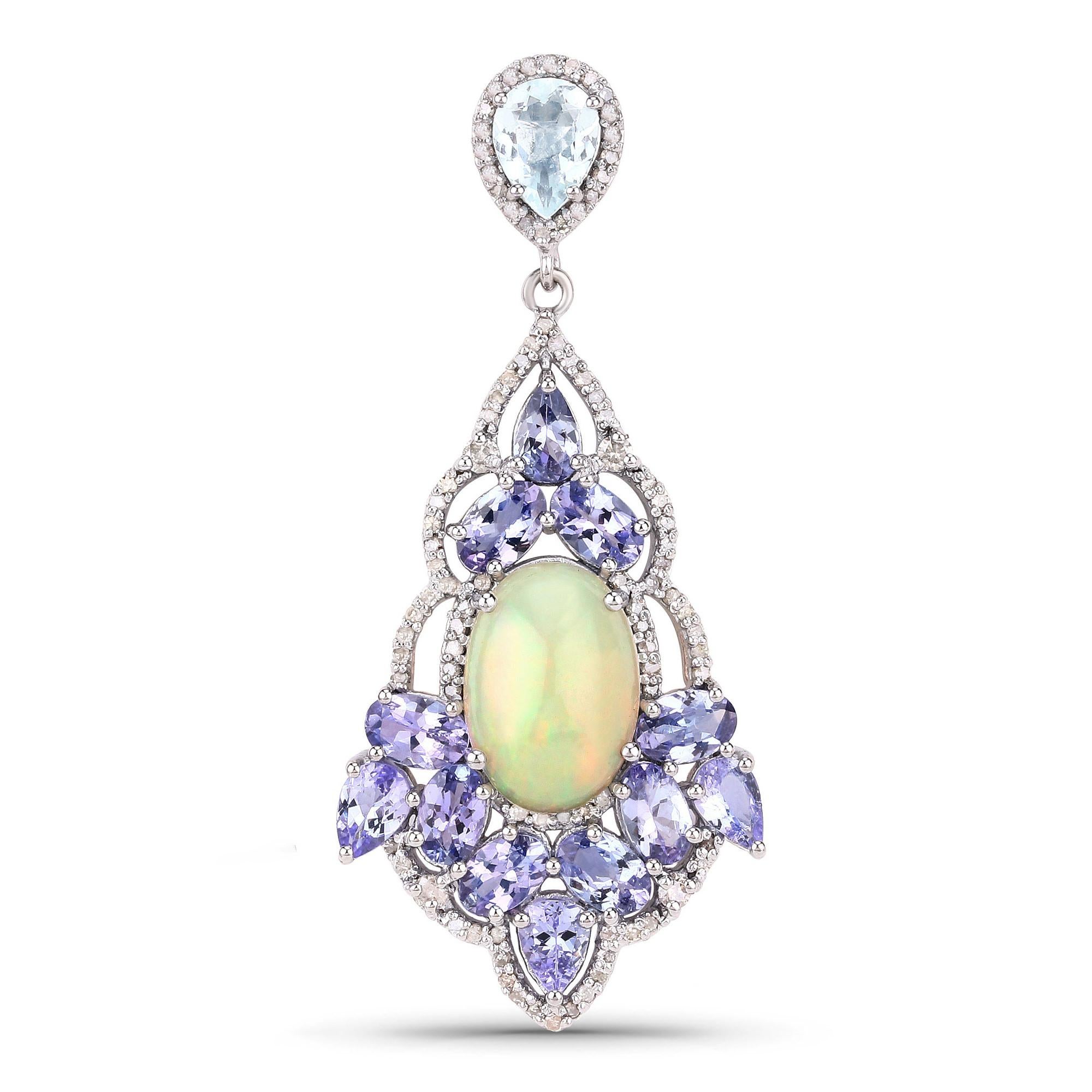 Mixed Cut Natural Tanzanite Aquamarine Opal and Diamond Statement Earrings 17.7 Carats For Sale