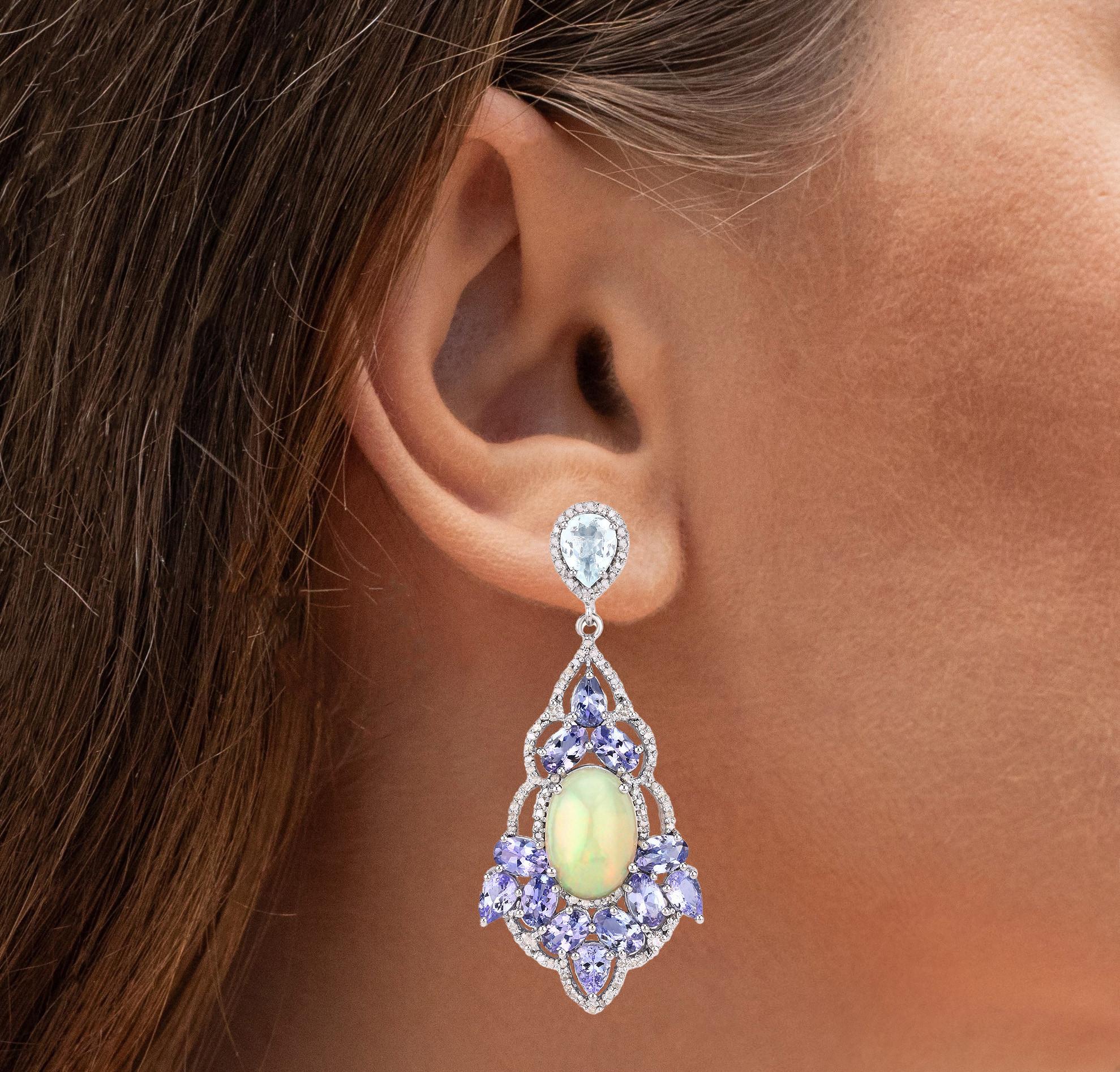 Natural Tanzanite Aquamarine Opal and Diamond Statement Earrings 17.7 Carats In New Condition For Sale In Laguna Niguel, CA