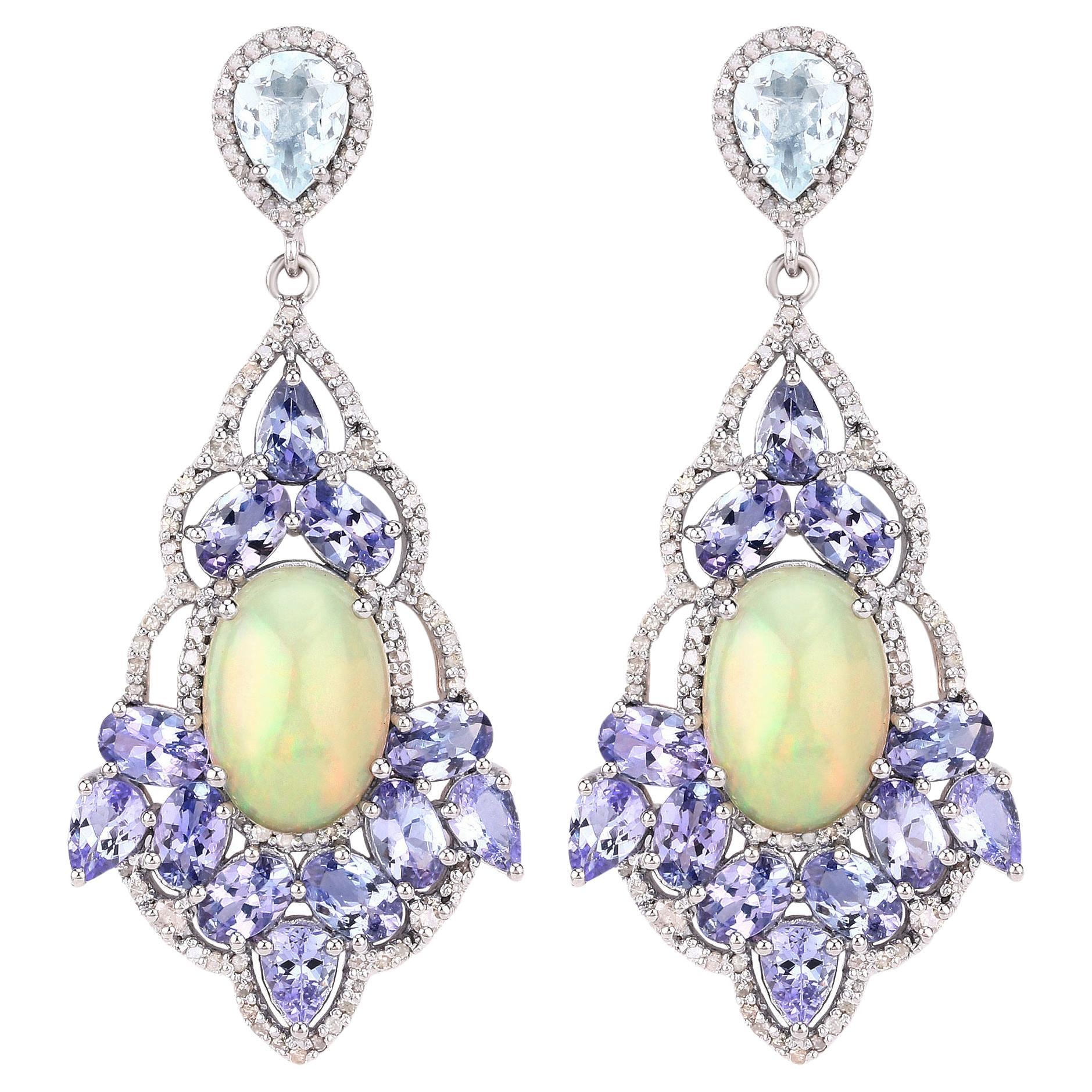 Boucles d'oreilles fantaisie en tanzanite naturelle, aigue-marine, opale et diamant 17,7 carats