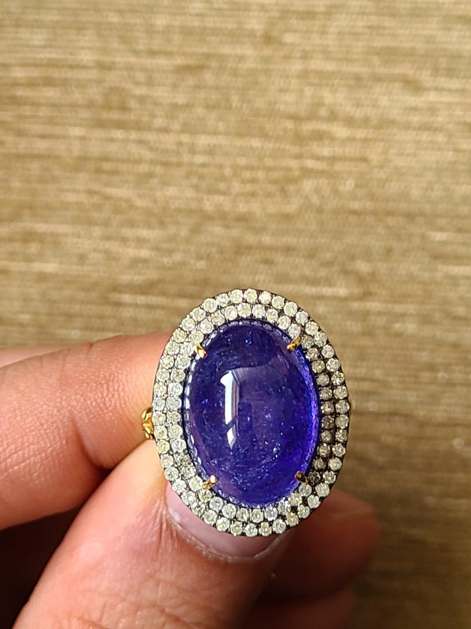 Natural Tanzanite Cabochon & Diamonds Art Deco Style Victorian Cocktail Ring For Sale 1