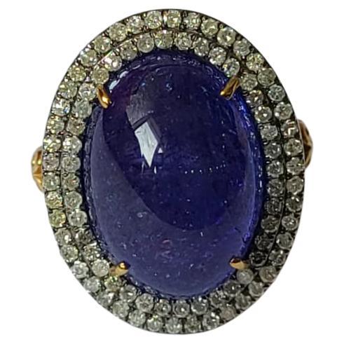 Natural Tanzanite Cabochon & Diamonds Art Deco Style Victorian Cocktail Ring For Sale