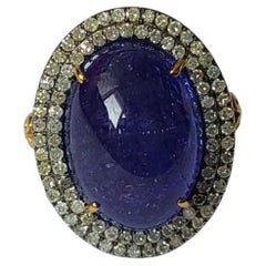 Natural Tanzanite Cabochon & Diamonds Art Deco Style Victorian Cocktail Ring