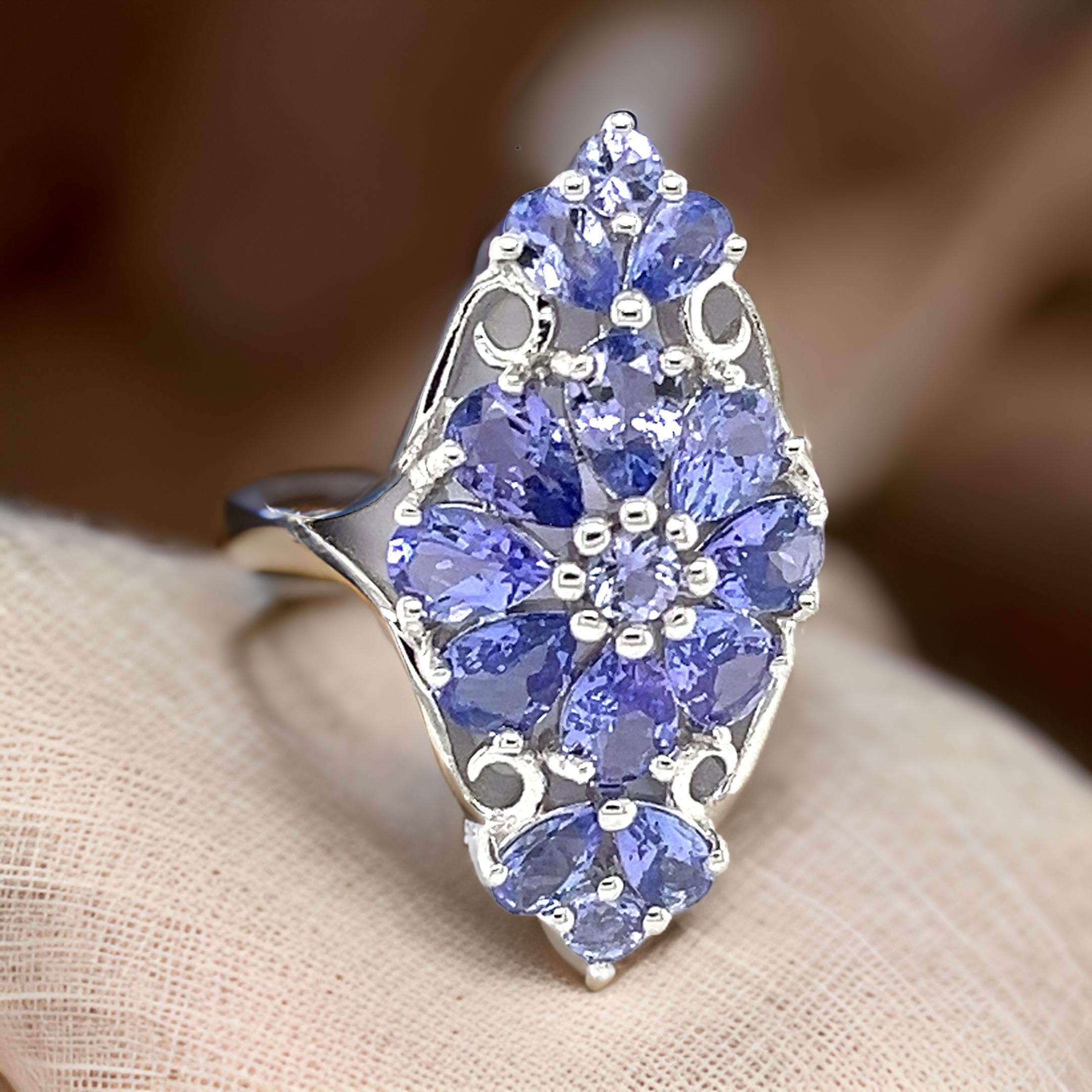Art Déco Anello a grappolo di tanzanite naturale Pietra di nascita di dicembre Gioielli in argento Sterling 925 in vendita