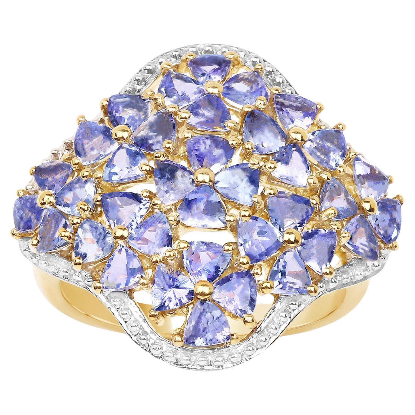 Bague cocktail en argent plaqué or jaune 14 carats avec tanzanite naturelle de 3,60 carats en vente