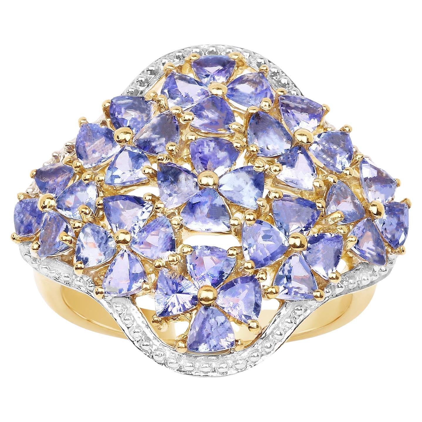Bague cocktail en argent plaqué or jaune 14 carats avec tanzanite naturelle de 3,60 carats