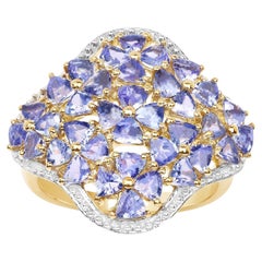Anello cocktail con tanzanite naturale da 3,60 carati, placcato in oro giallo 14 carati, A. Silver