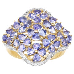 Anello cocktail con tanzanite naturale da 3,60 carati, placcato in oro giallo 14 carati, A. Silver