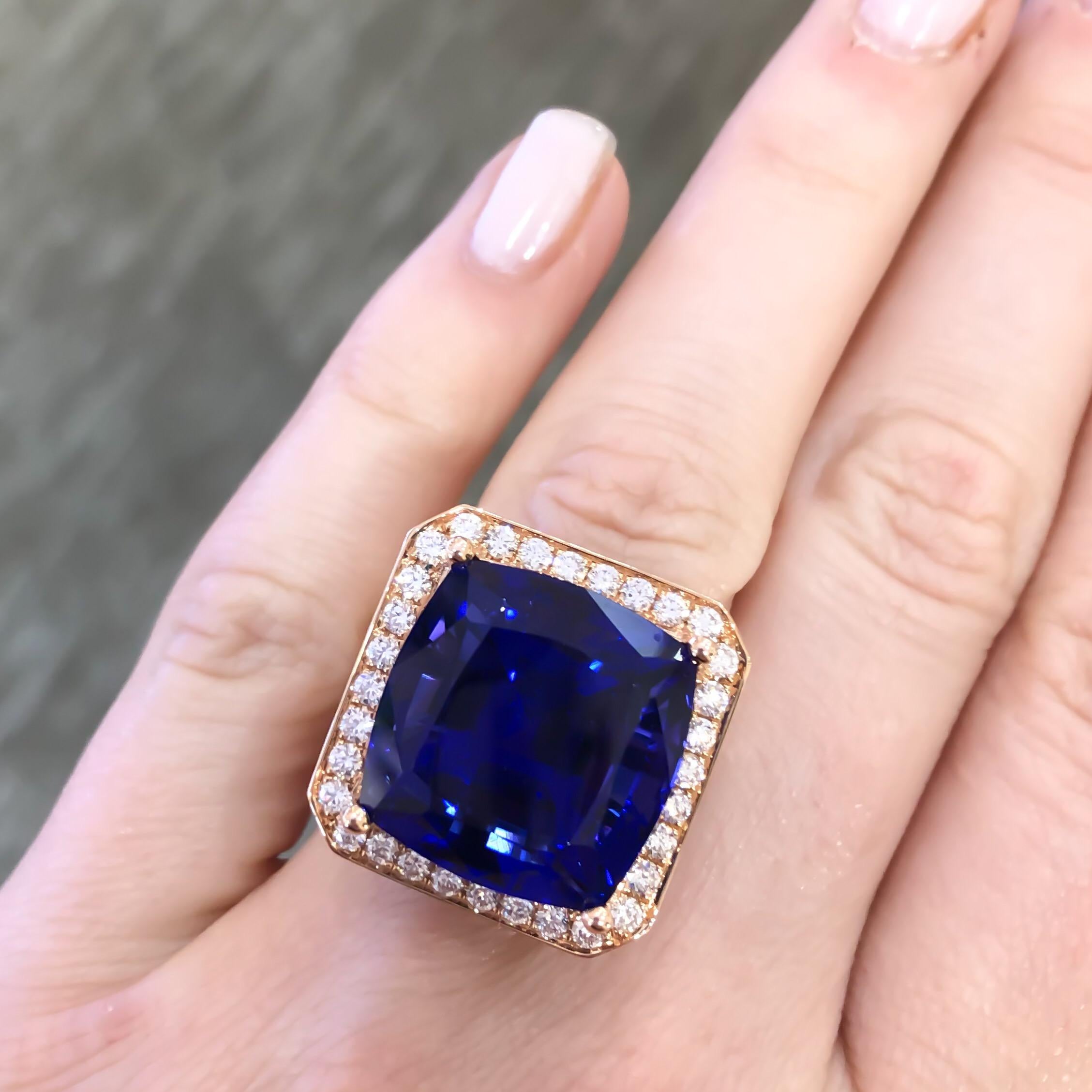 Natural Tanzanite Cushion Cut in 18 Karat Rose Gold Diamond Custom Ring Mounting In New Condition For Sale In Carmel-by-the-Sea, CA