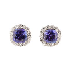 18K Gold Tanzanite and Diamond Halo Earrings, 6.82ct Tanzanite, New
