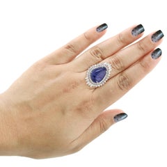 Natural Tanzanite Diamond Halo Cocktail Ring 18.33 Ct 18K White Gold