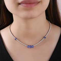 4.16 Ct Five Tanzanite Station 3.47 Ct Diamond Tennis Necklace 18k White Gold