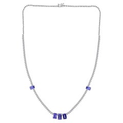 4.16 Ct Five Tanzanite Station 3.47 Ct Diamond Tennis Necklace 18k White Gold