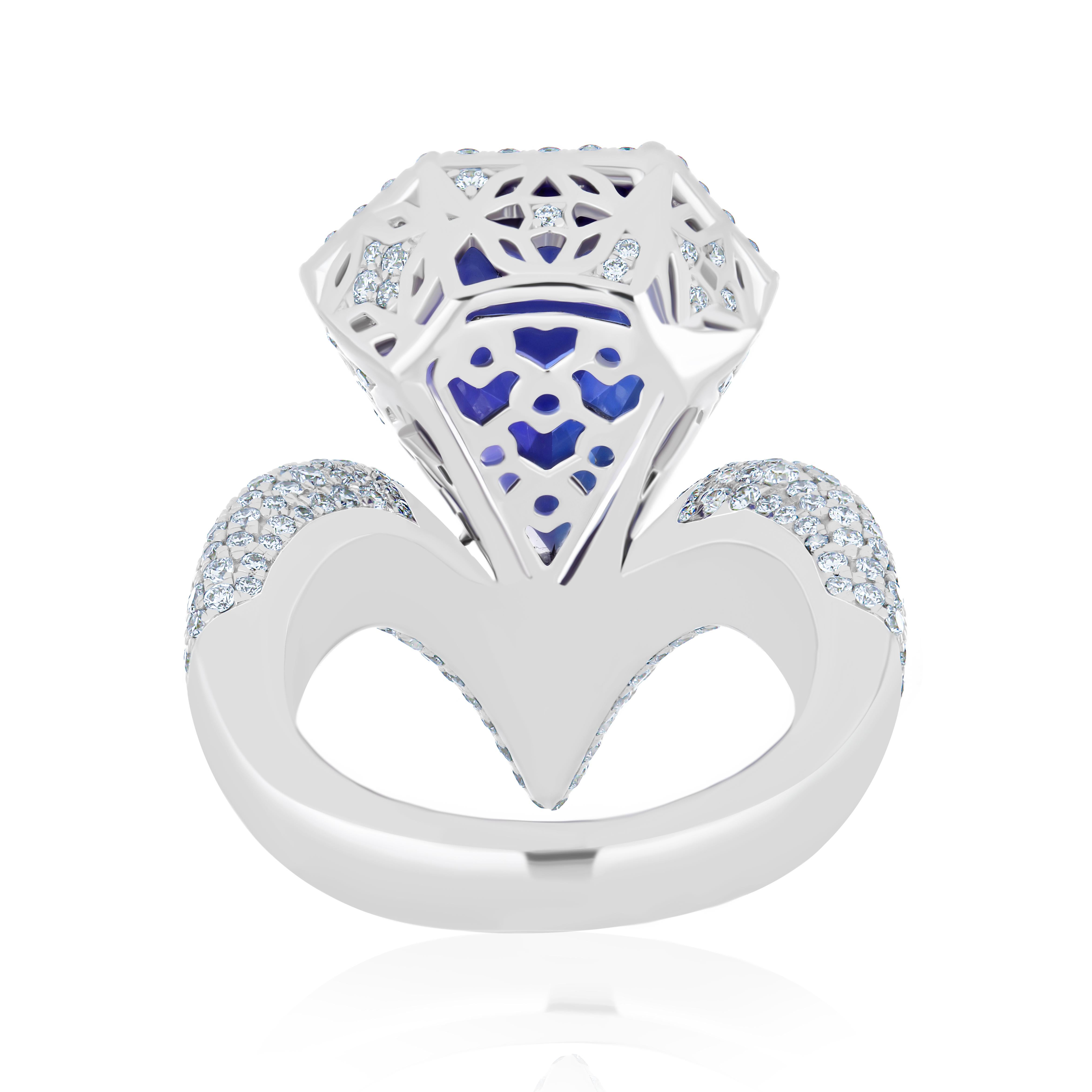 Natural Tanzanite, Diamond Necklace and Matching Ring, Earring in 18k White Gold For Sale 12