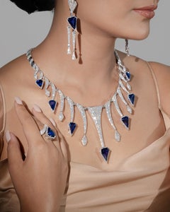 Natural Tanzanite, Diamond Necklace and Matching Ring, Earring in 18k White Gold