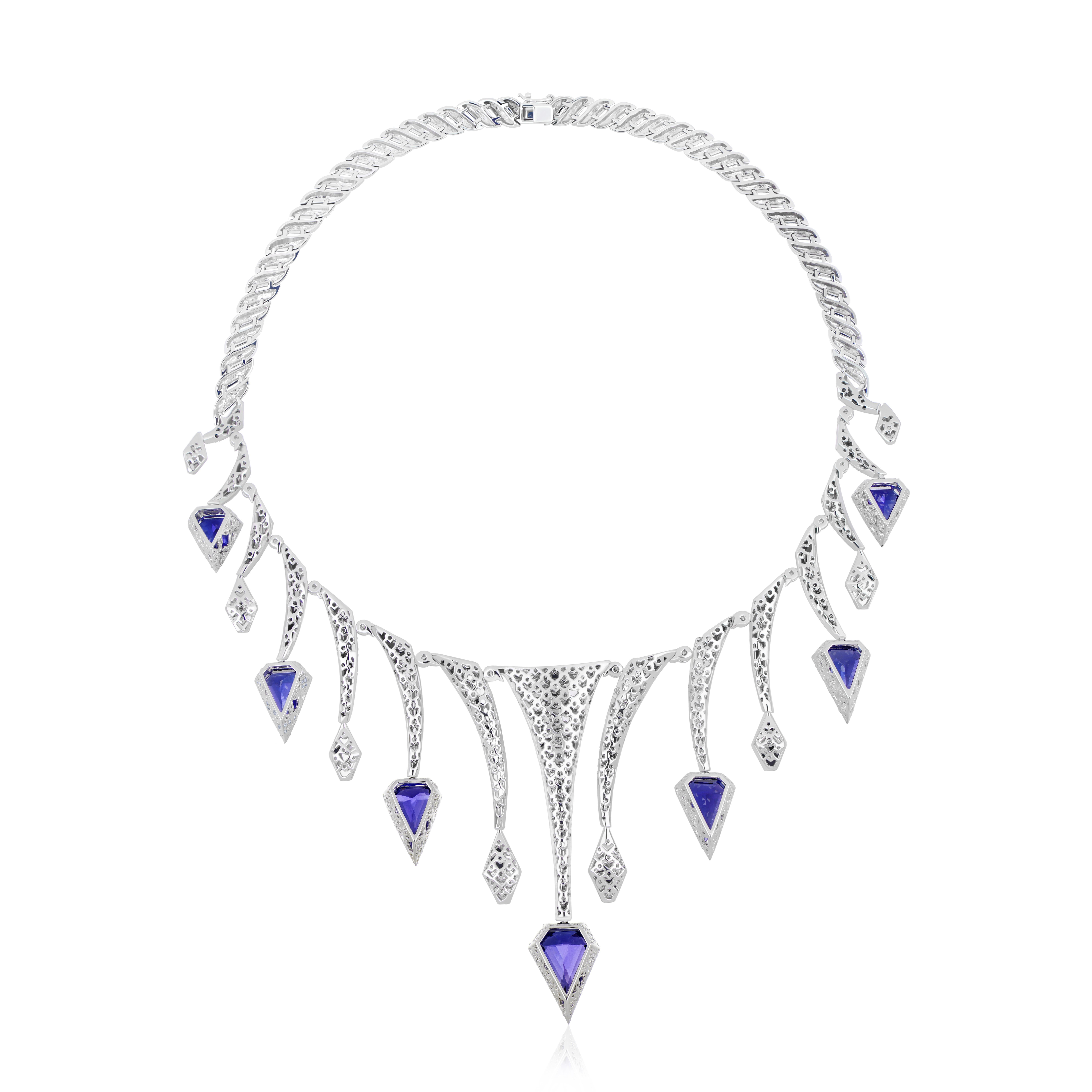 Natural Tanzanite, Diamond Necklace and Matching Ring, Earring in 18k White Gold For Sale 3
