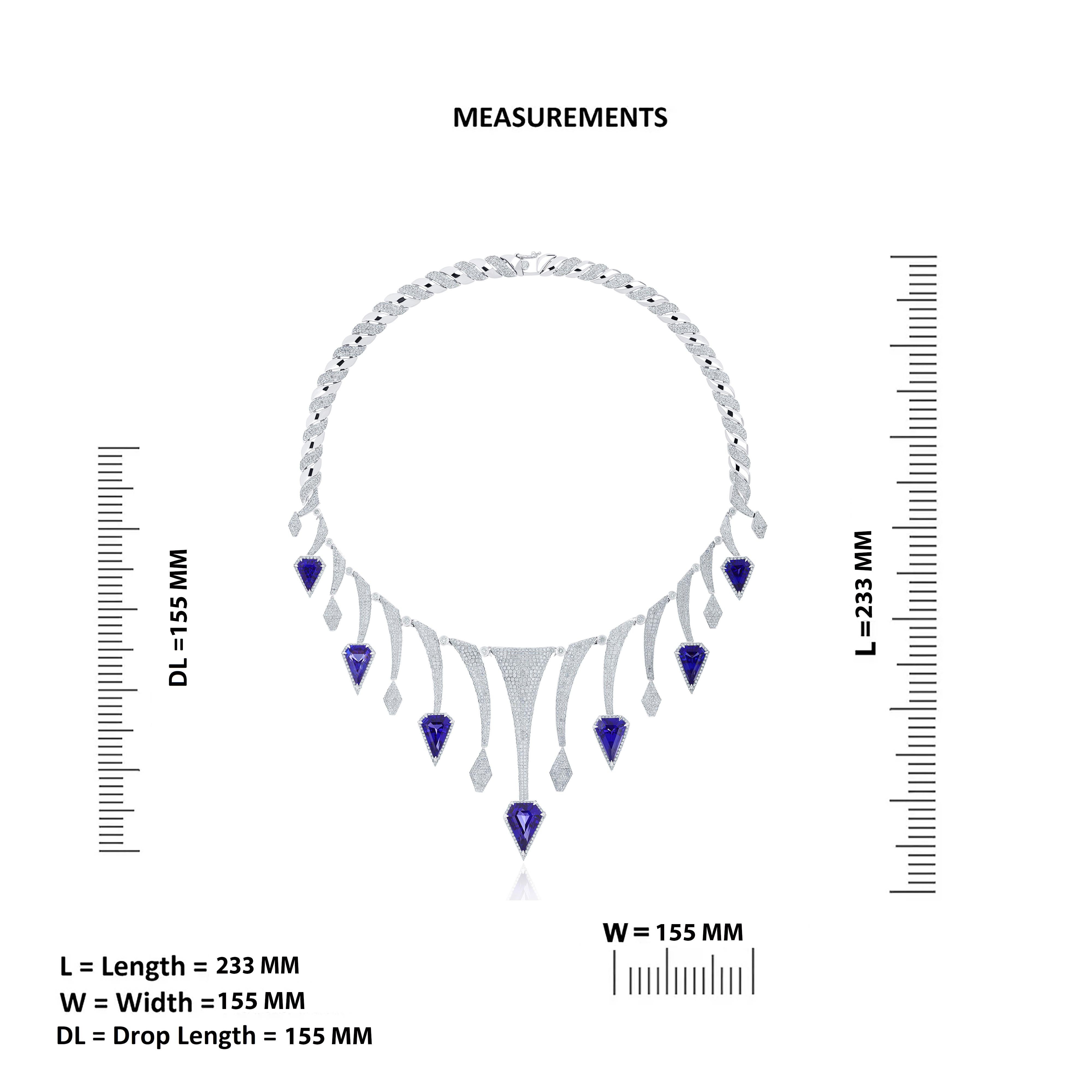 Natural Tanzanite, Diamond Necklace and Matching Ring, Earring in 18k White Gold For Sale 4