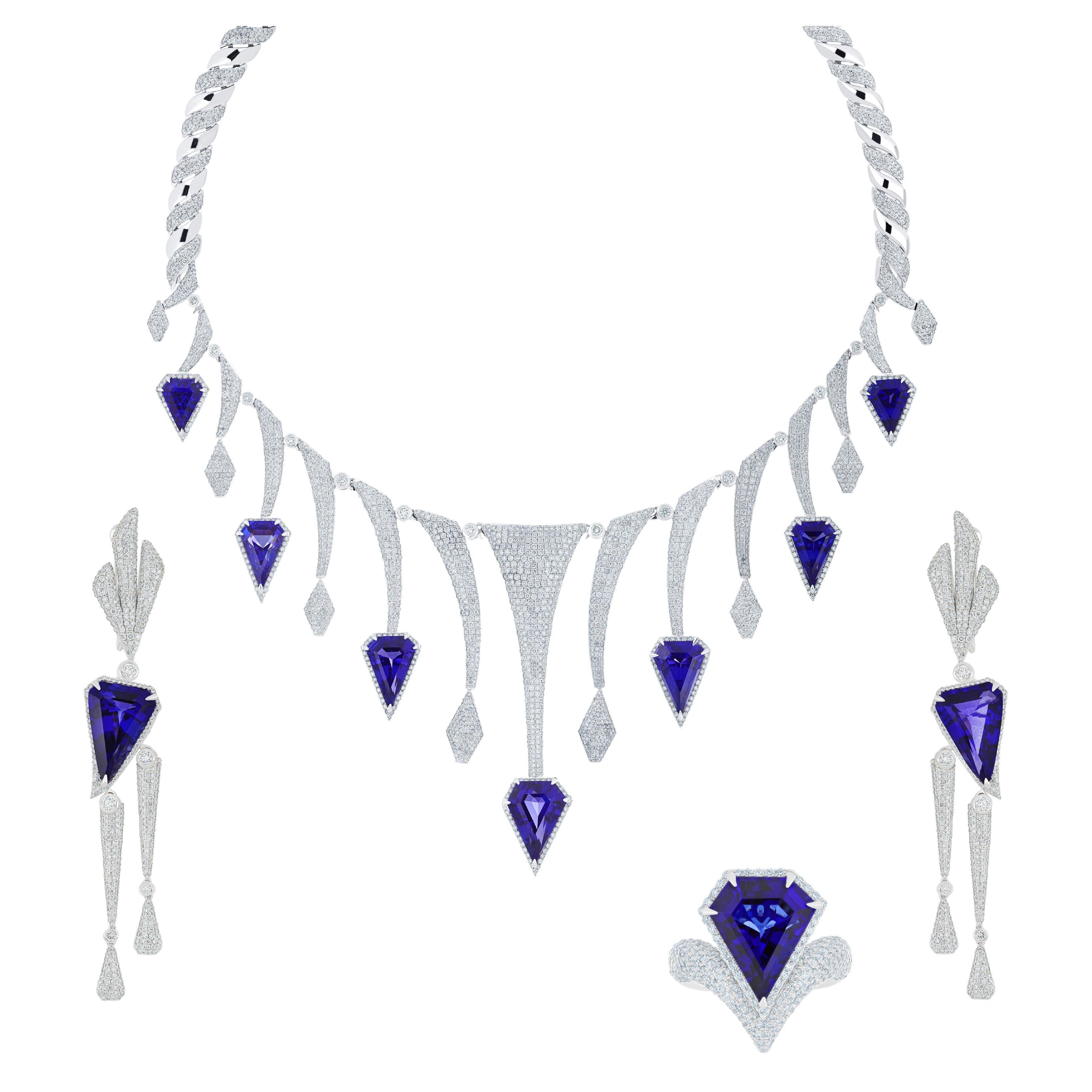 Natural Tanzanite, Diamond Necklace and Matching Ring, Earring in 18k White Gold For Sale