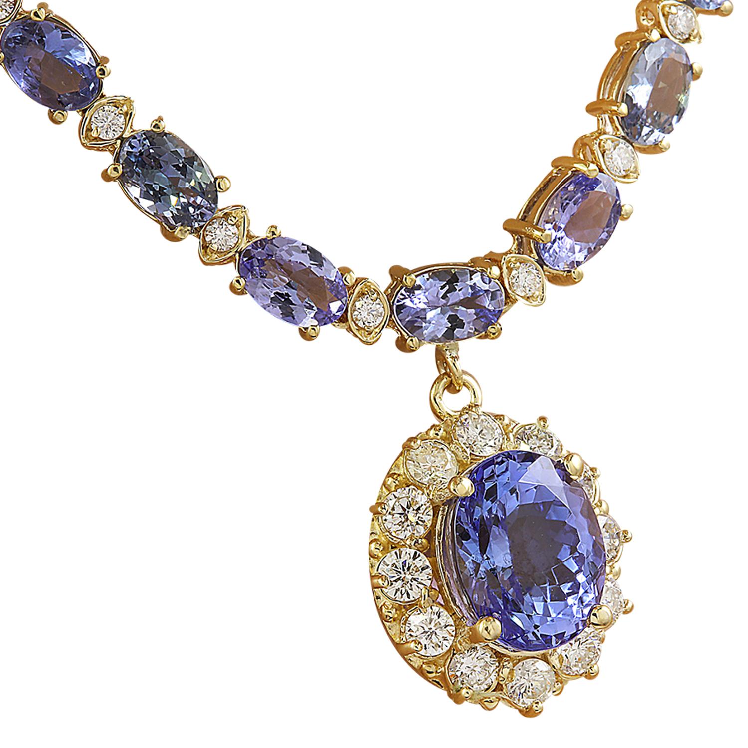 42.87 Carat Natural Tanzanite 14 Karat Solid Yellow Gold Diamond Necklace
Stamped: 14K
Total Necklace Weight: 27.1 Grams
Necklace Length: 18.5 Inches
Center Tanzanite Weight: 4.67 Carat (10.00x8.00 Millimeters)
Side Tanzanite Weight 34.40 Carat