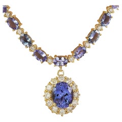 Natürlicher Tansanit-Diamant-Halskette aus 14 Karat massivem Gelbgold 
