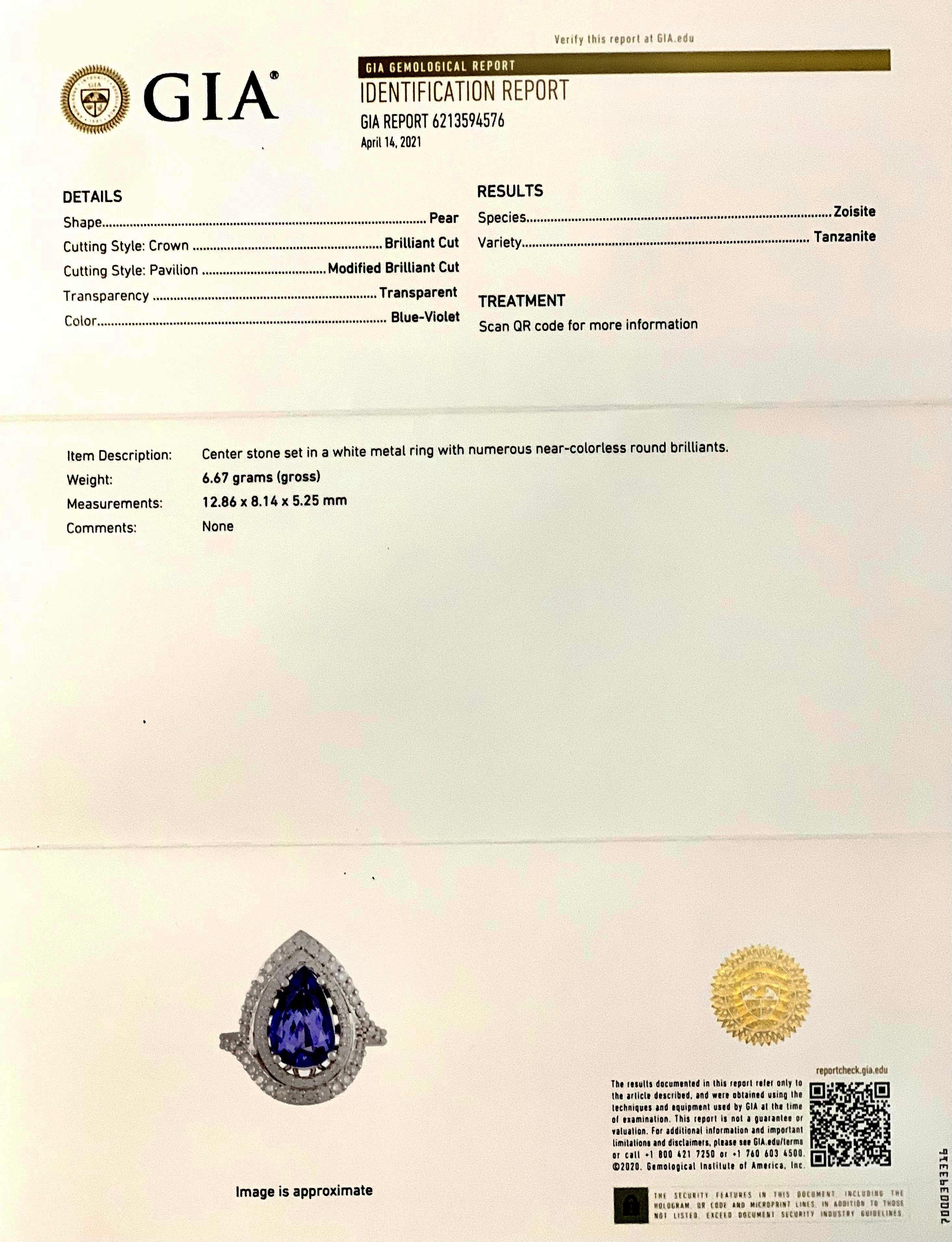 Natural Tanzanite Diamond Ring 14k Gold 4.54 TCW GIA Certified For Sale 7