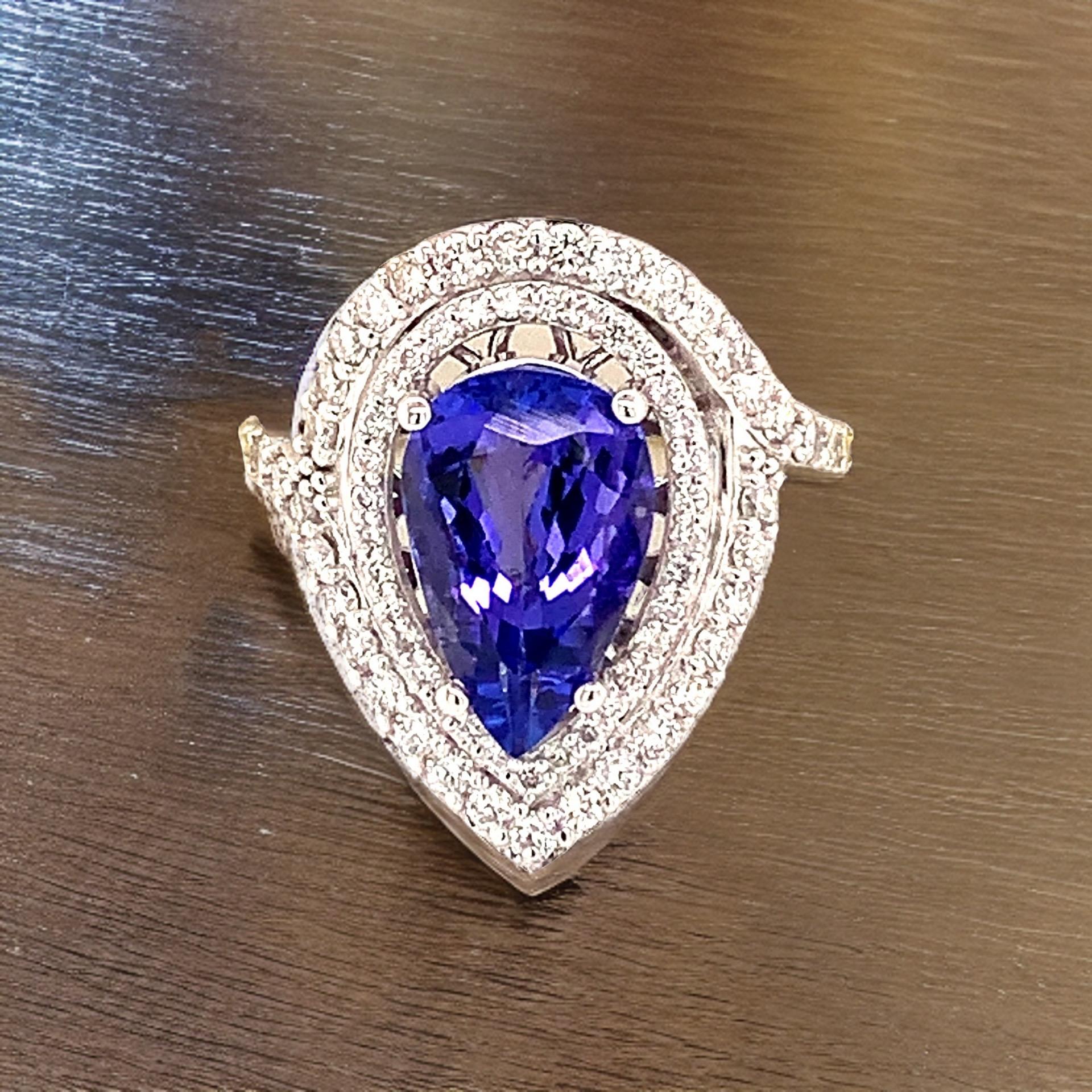 Pear Cut Natural Tanzanite Diamond Ring 14k Gold 4.54 TCW GIA Certified For Sale