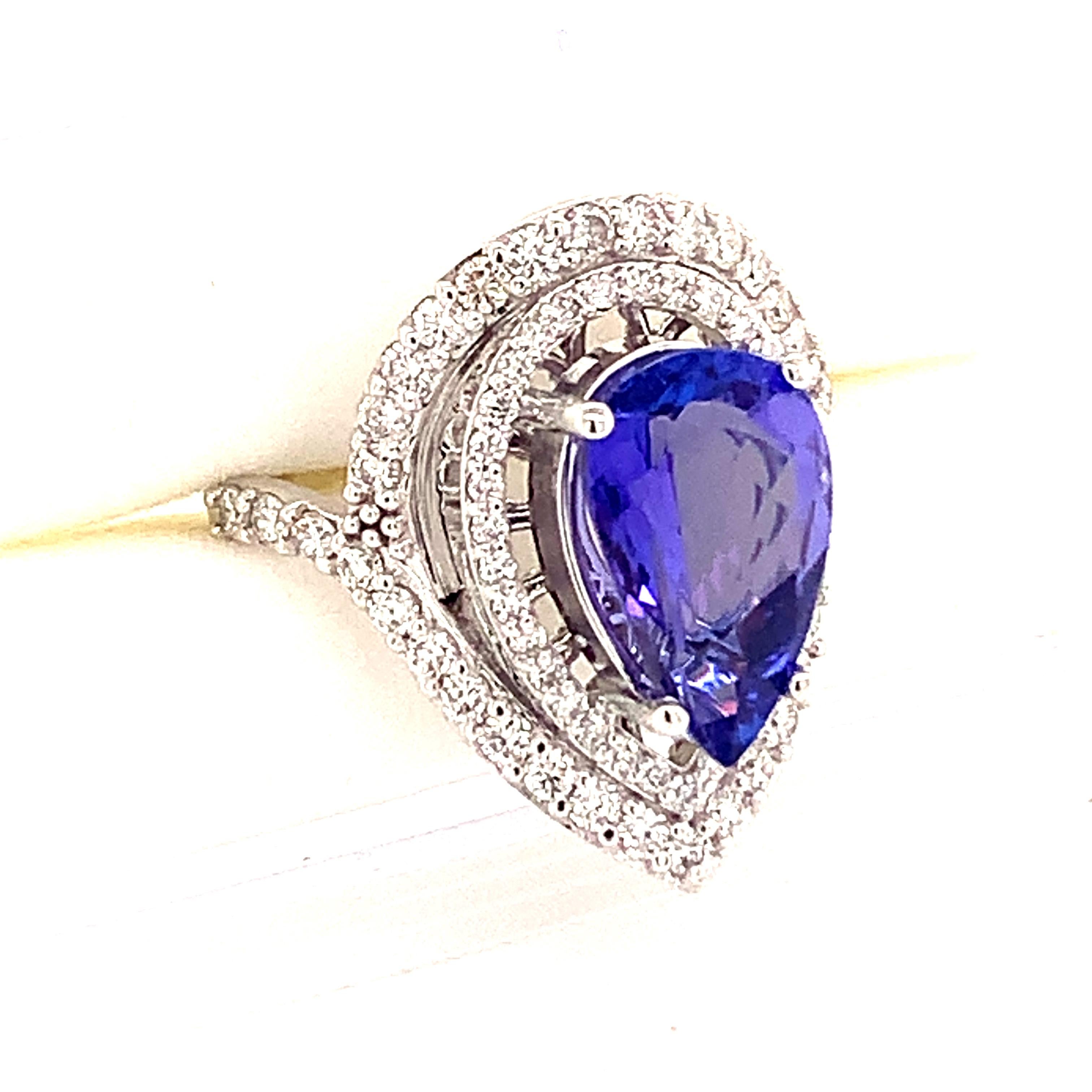 Pear Cut Natural Tanzanite Diamond Ring 14k Gold 4.54 TCW GIA Certified For Sale