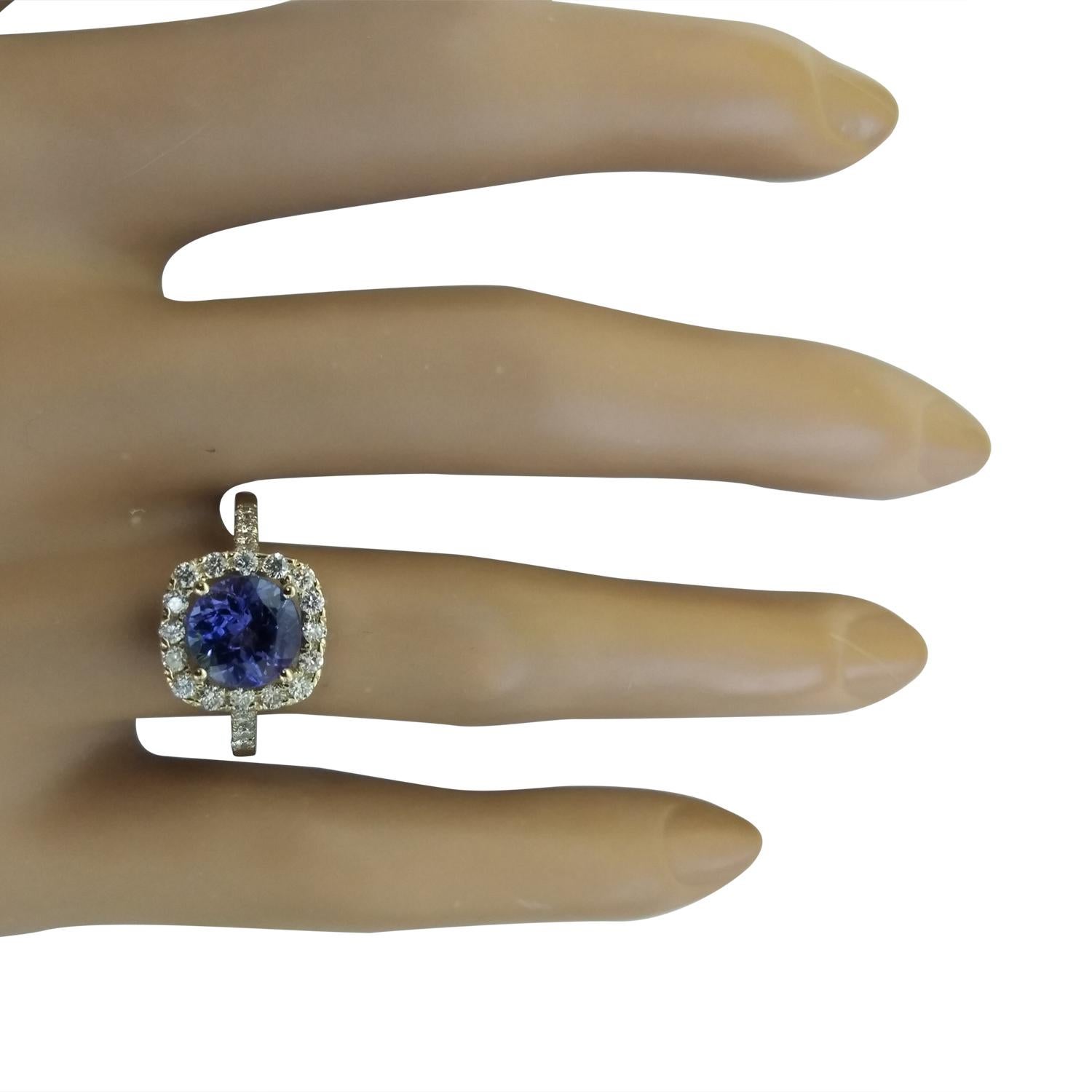 Round Cut Natural Tanzanite Diamond Ring in 14 Karat Solid Yellow Gold  For Sale