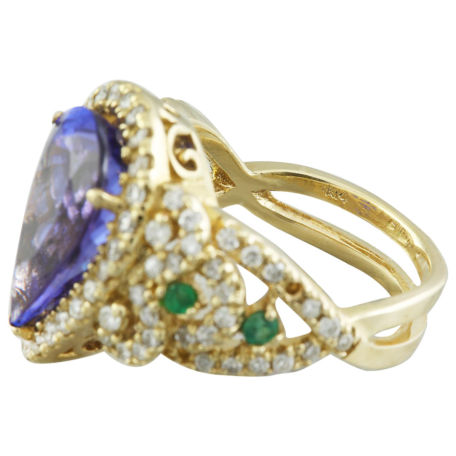 Natural Tanzanite Diamond Ring In 14 Karat Yellow Gold In New Condition For Sale In Los Angeles, CA
