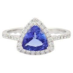 Natural Tanzanite Diamond Engagement Ring in 18k Solid White Gold