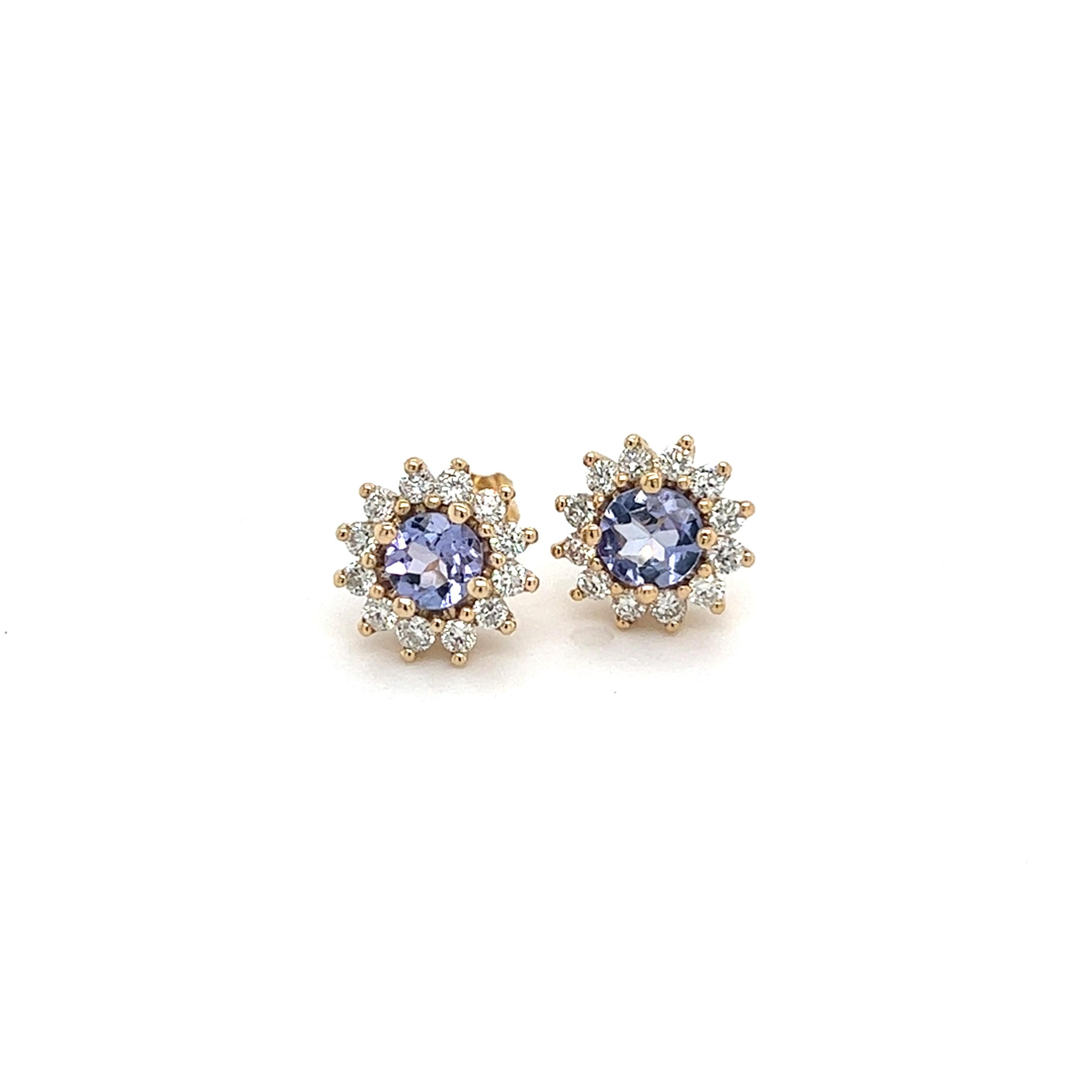 Round Cut Natural Tanzanite Diamond Stud Earrings 14k Y Gold 1.18 TCW Certified For Sale