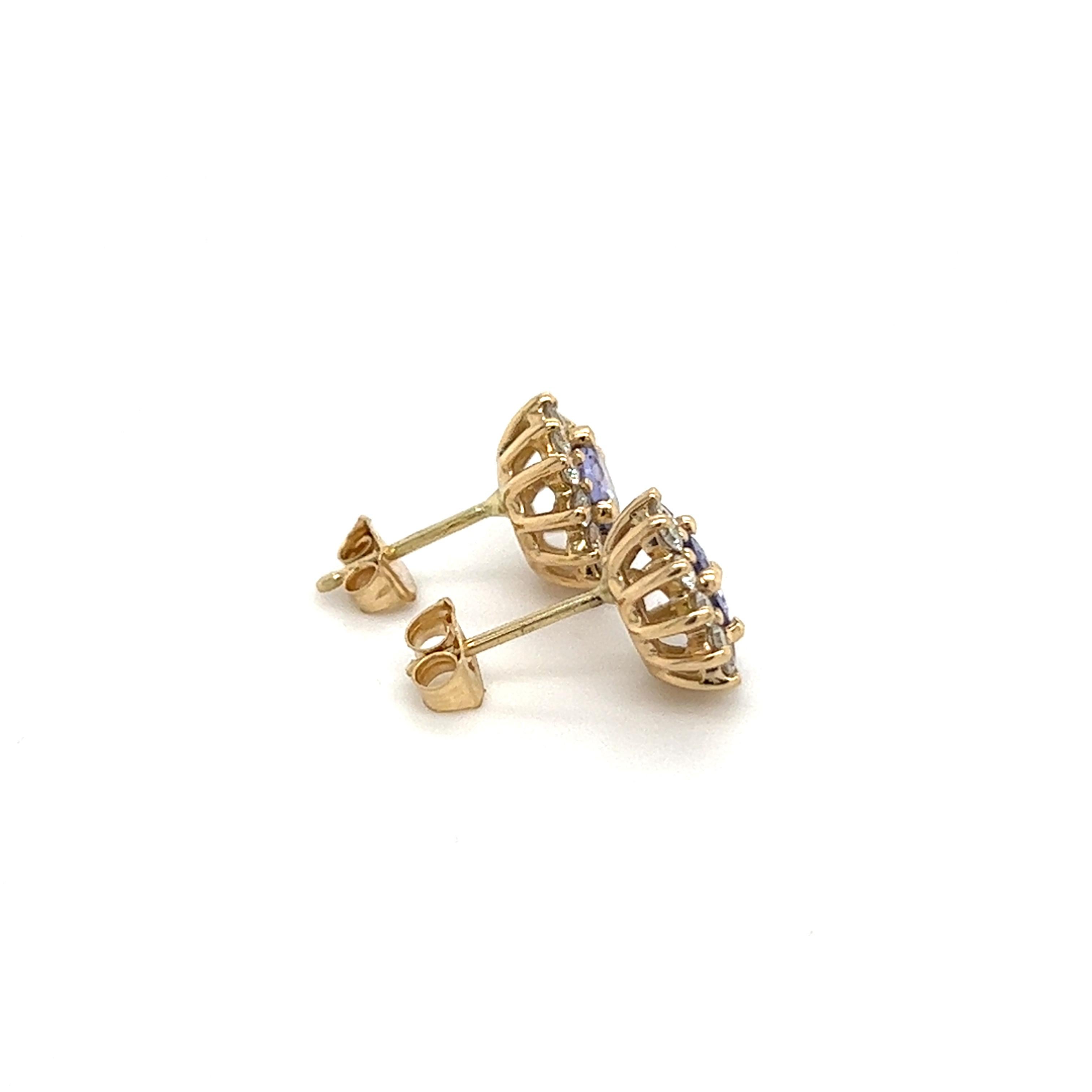 Women's Natural Tanzanite Diamond Stud Earrings 14k Y Gold 1.18 TCW Certified For Sale