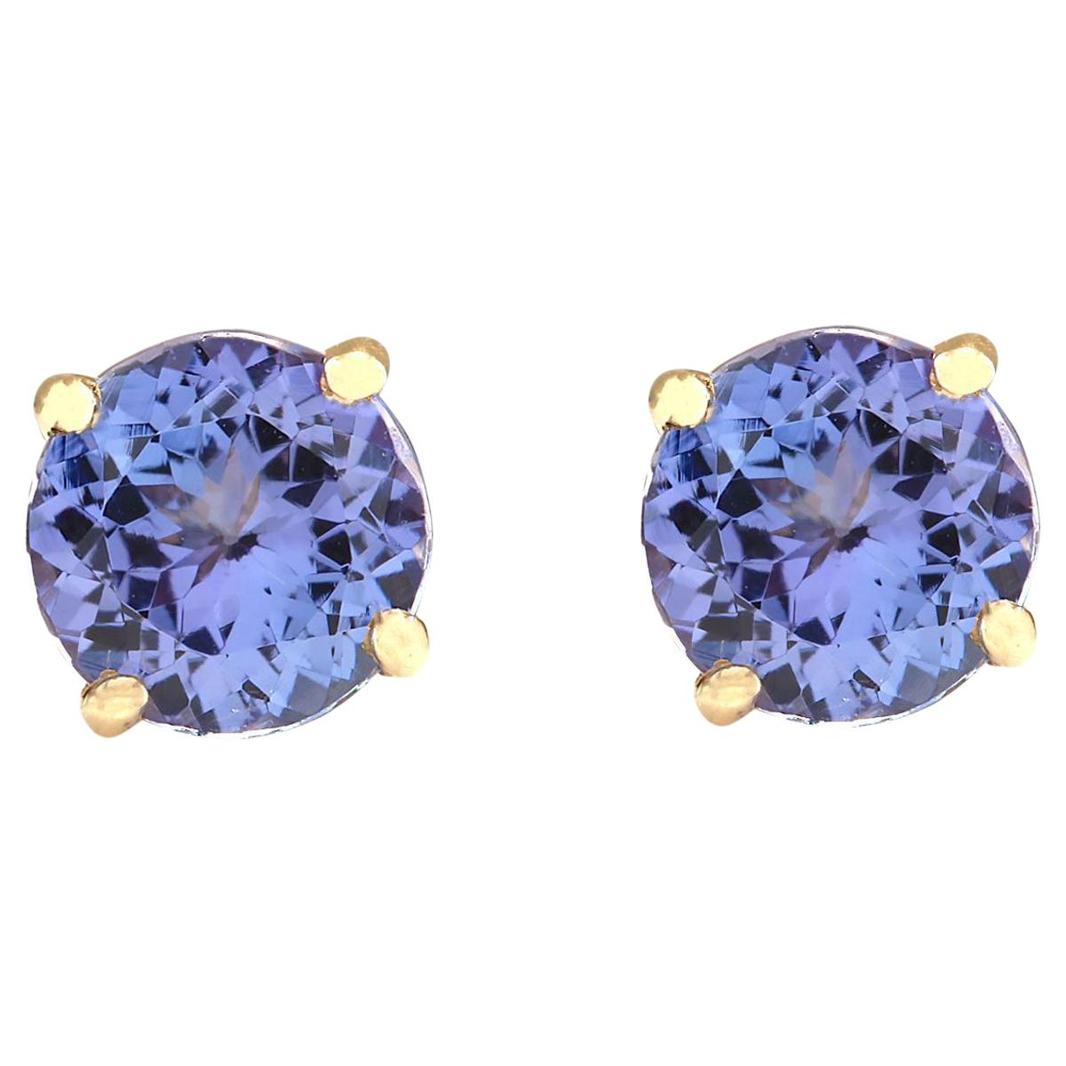 Round Cut Exquisite Natural Tanzanite Earrings In 14 Karat Yellow Gold  For Sale