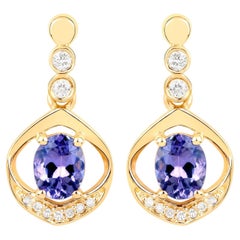 Natural Tanzanite Earrings With Diamonds 0.72 Carats 14K Yellow Gold