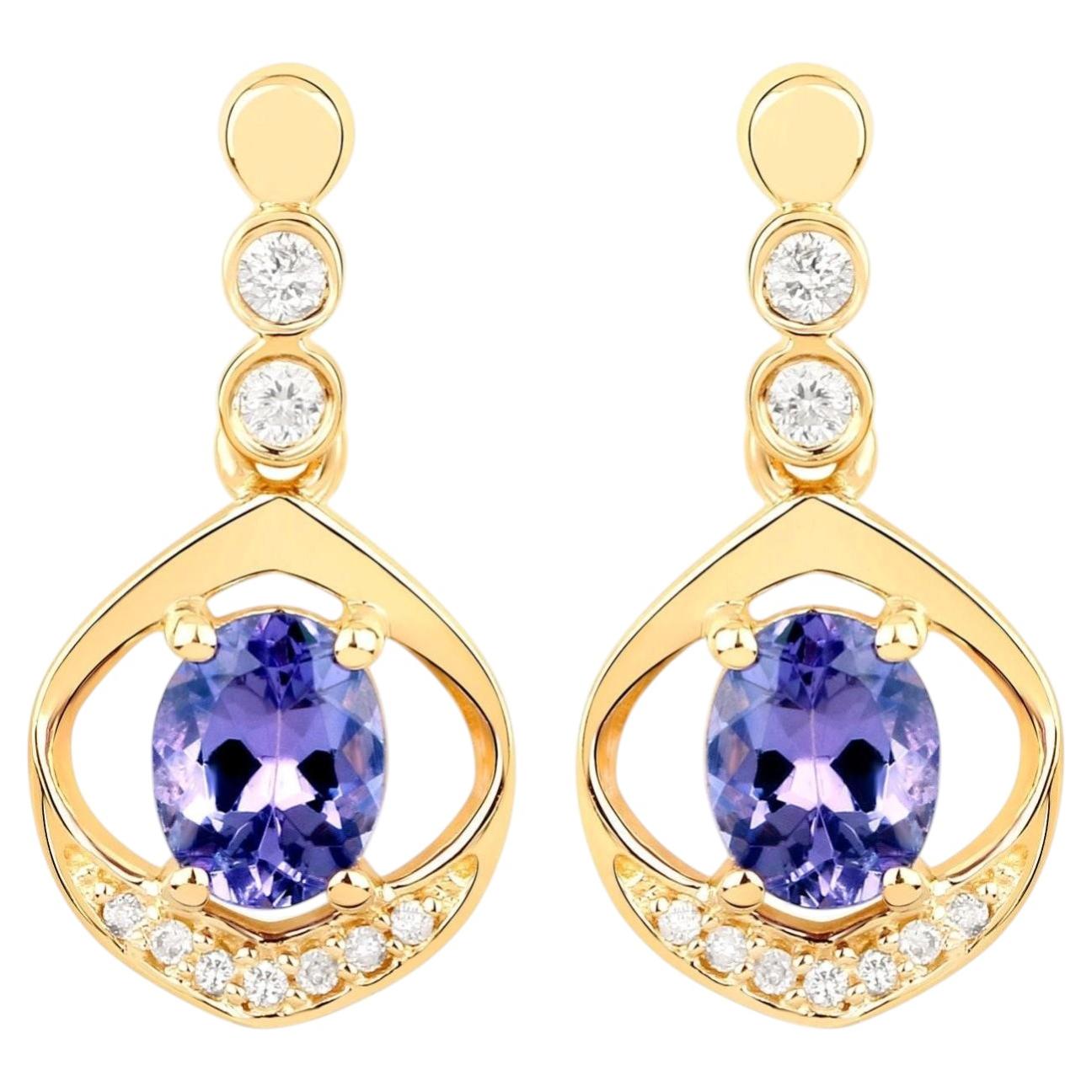 Natural Tanzanite Earrings With Diamonds 0.72 Carats 14K Yellow Gold For Sale