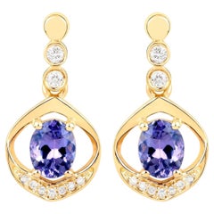 Natural Tanzanite Earrings With Diamonds 0.72 Carats 14K Yellow Gold