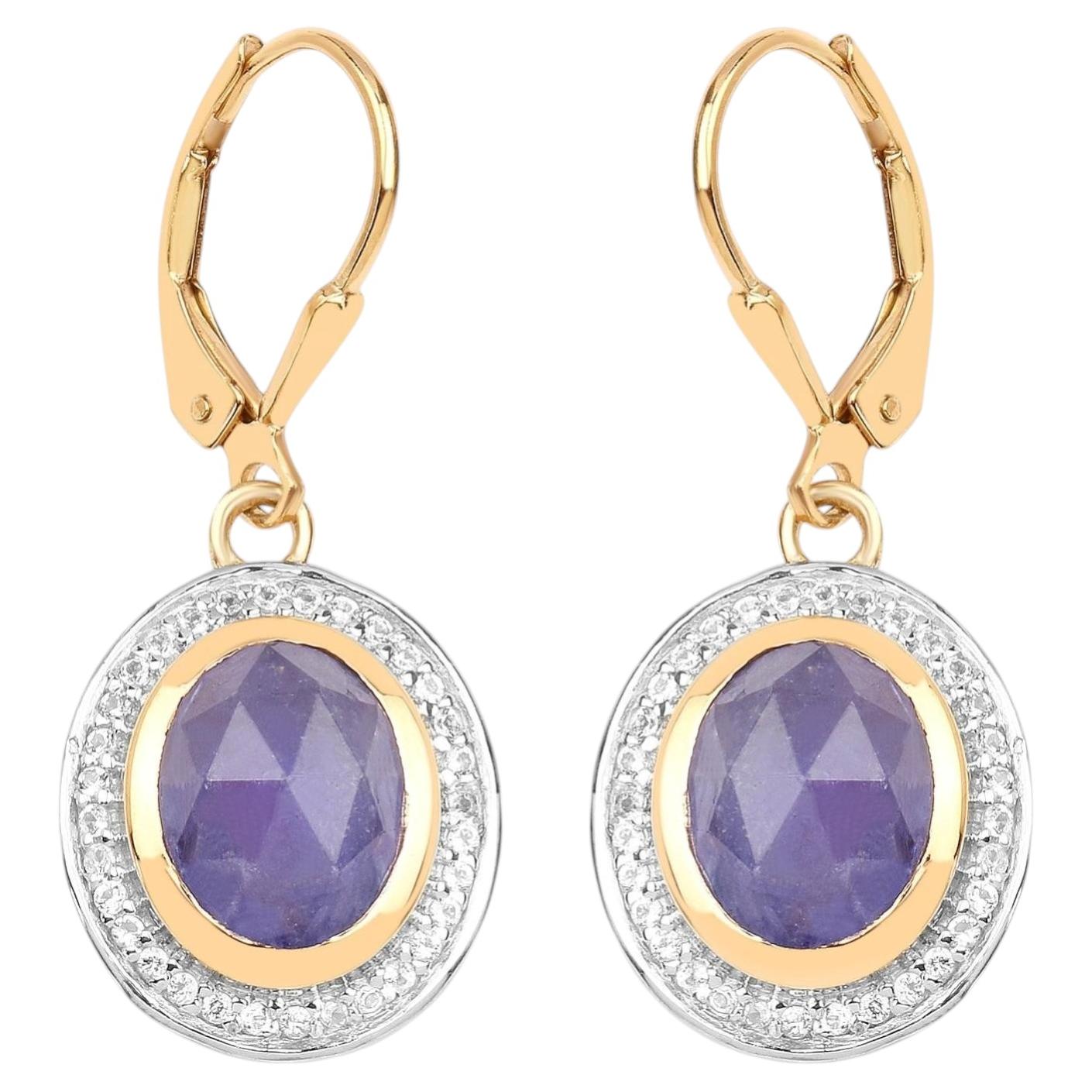 Natural Tanzanite Earrings With White Topaz 7.38 Carats Gold Plated Silver