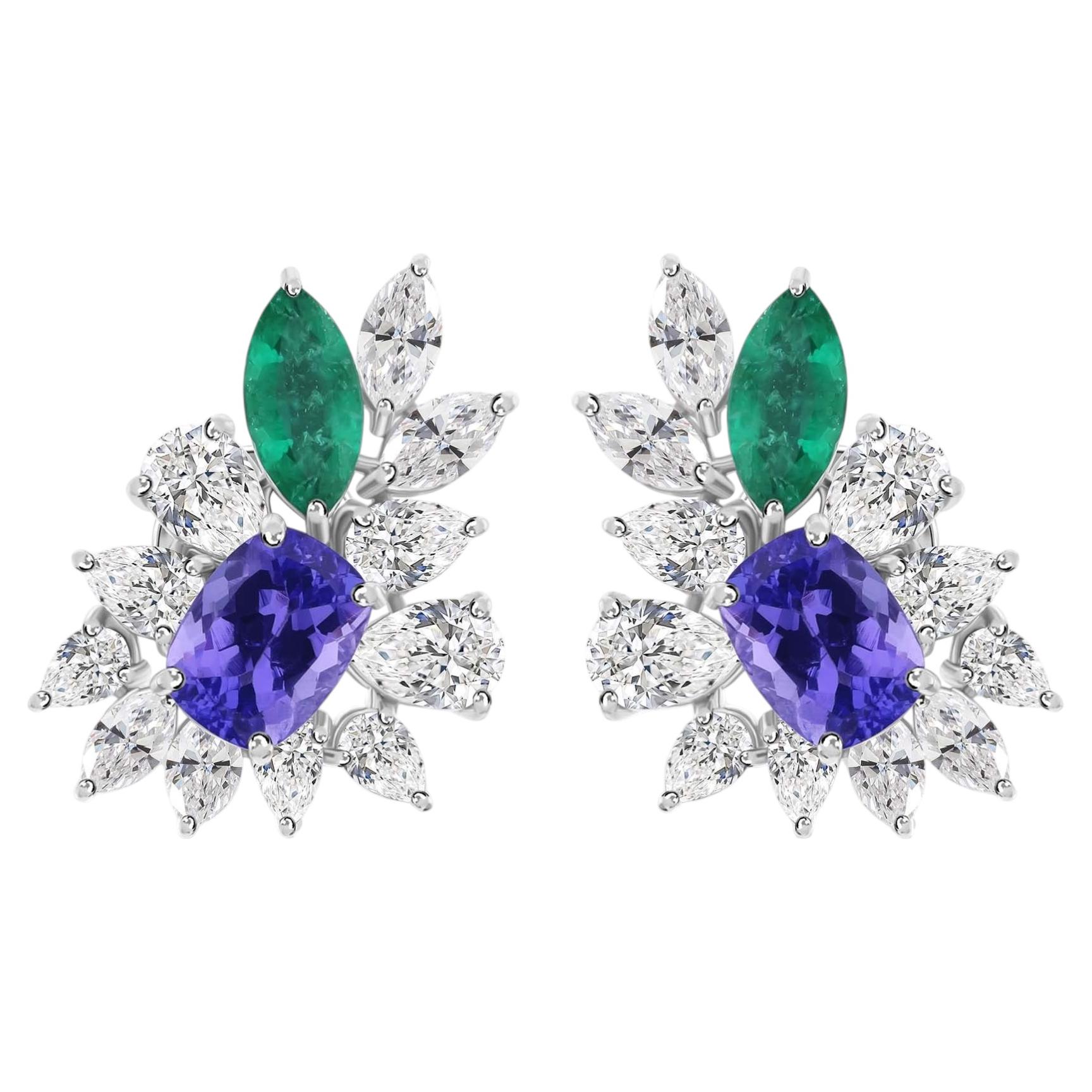 Natural Tanzanite Emerald 4.34 Carat Diamond Earrings 18K White Gold