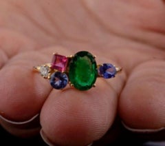 Natural Tanzanite, Emerald, Pink Tourmaline, & Diamond Ring in 18k Gold