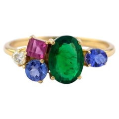 Natural Tanzanite, Emerald, Pink Tourmaline, & Diamond Ring in 18k Gold