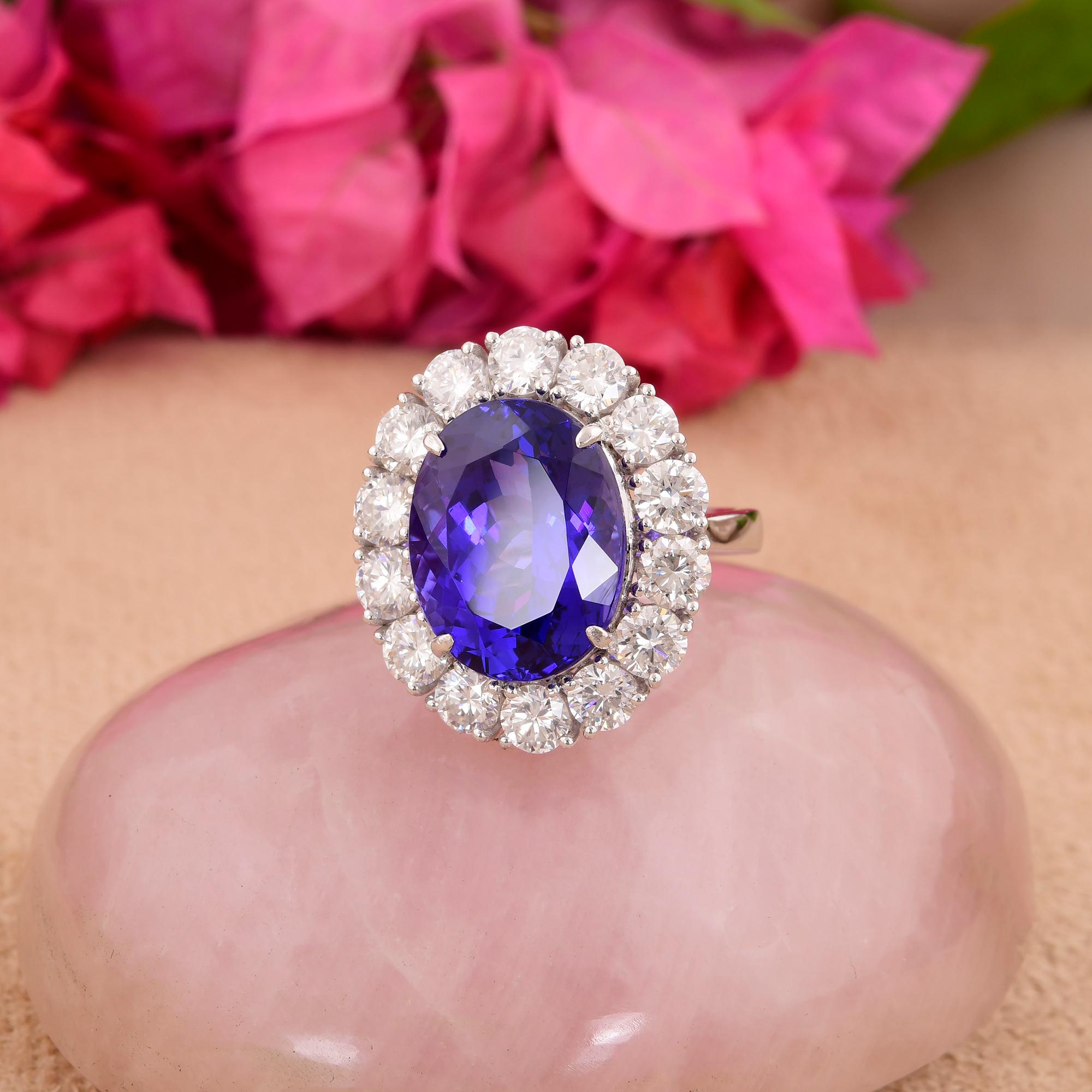 Tanzanita natural Piedra preciosa Cóctel Anillo Diamante 10 Kilates Oro Blanco Joyería Corte oval en venta