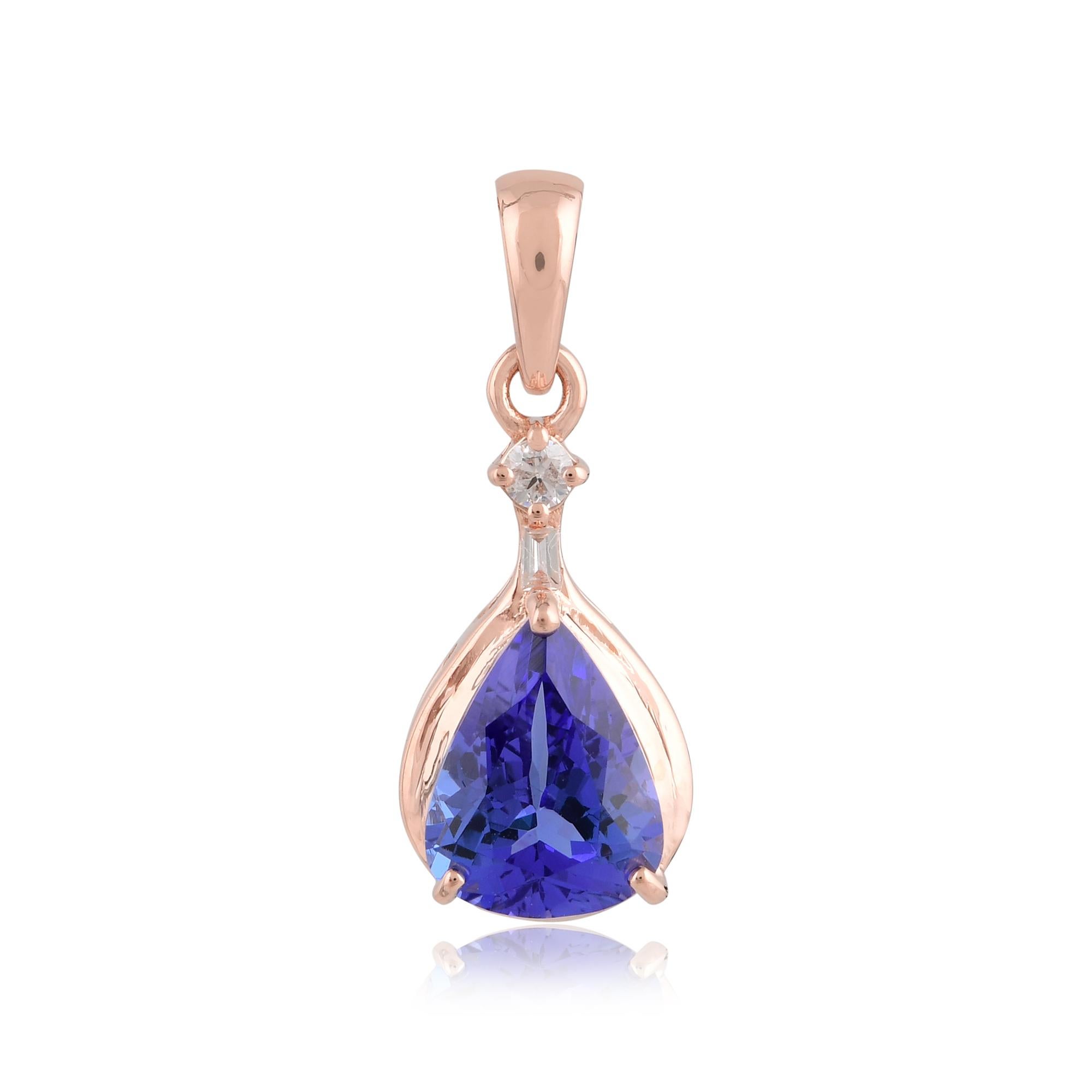 Modern Natural Tanzanite Gemstone Drop Charm Diamond Pendant 18 Kt Rose Gold Jewelry For Sale