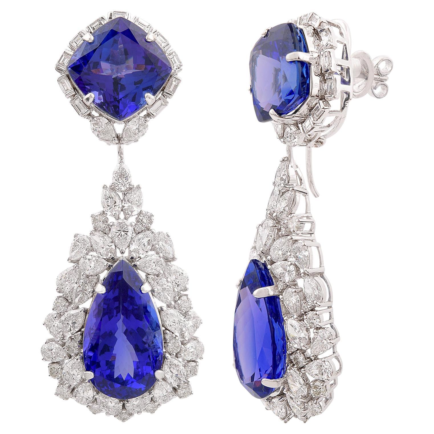 Pendientes de tanzanita natural SI/HI Diamante macizo Joyas de oro blanco de 14k en venta