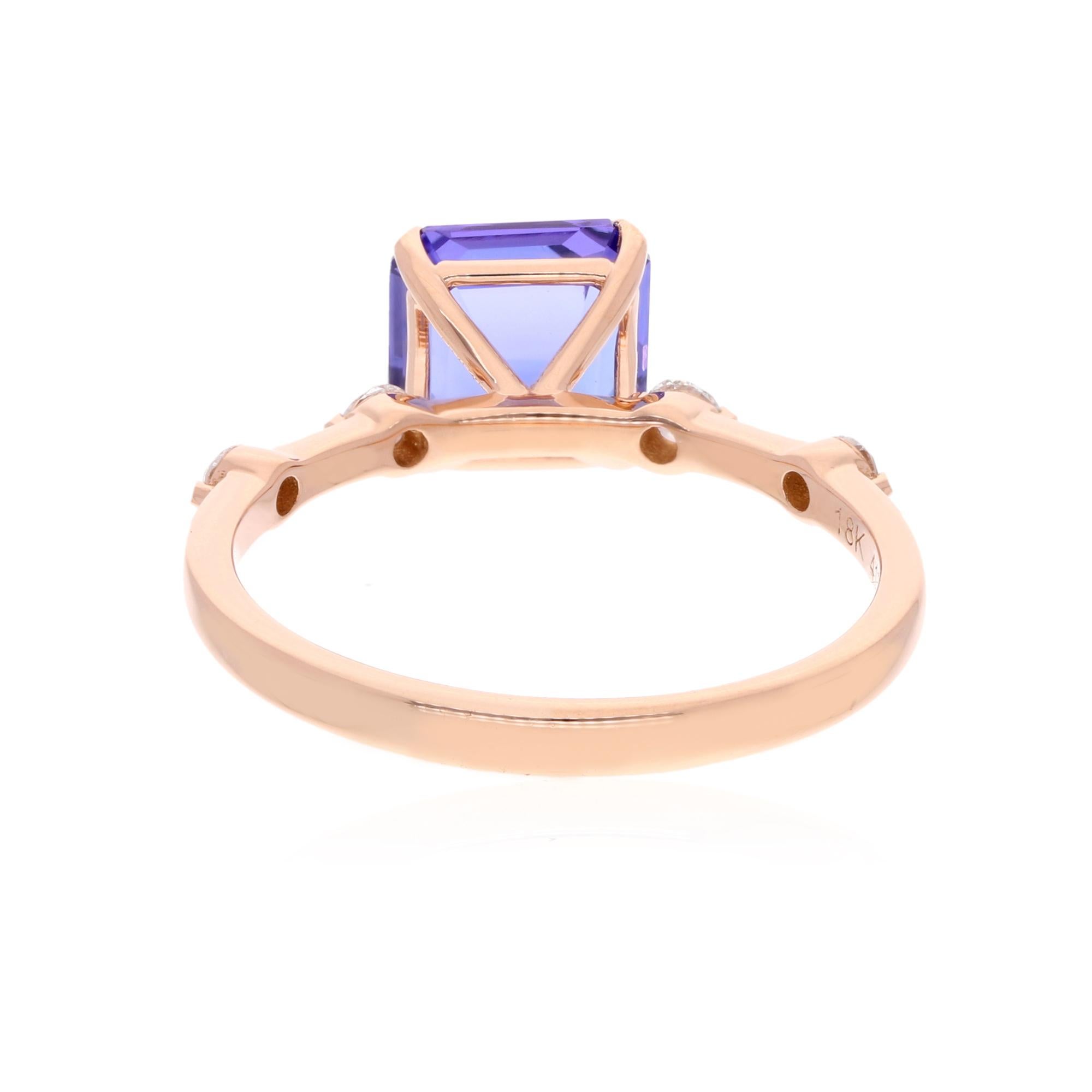 Octagon Cut Natural Tanzanite Gemstone Wedding Ring Diamond 18 Karat Rose Gold Fine Jewelry For Sale
