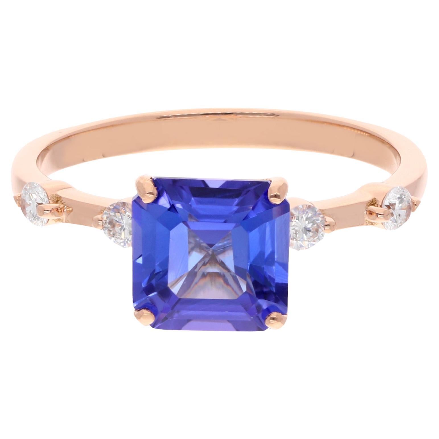 Bague de mariage en or rose 18 carats, diamant, pierre naturelle tanzanite Bijoux fins