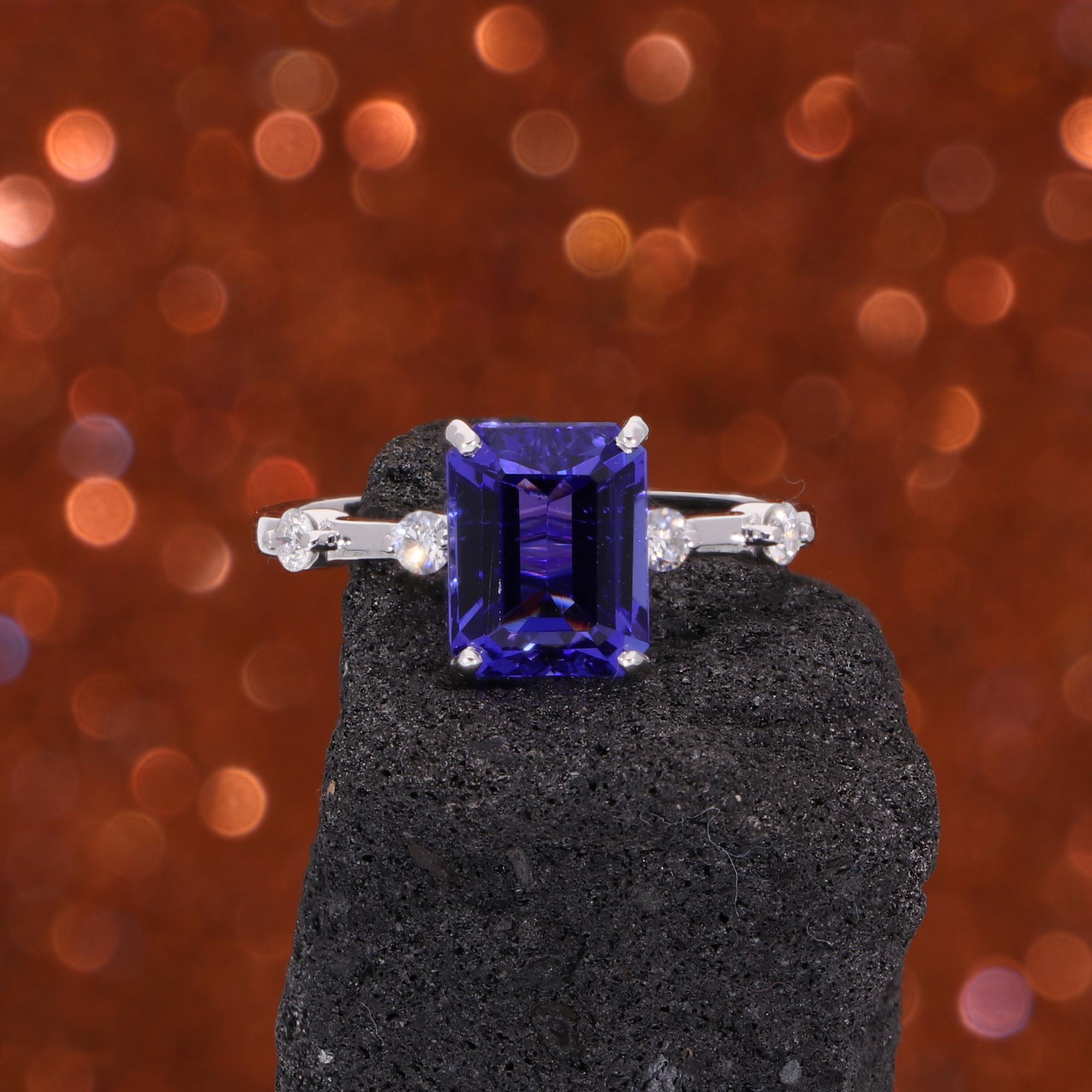 Octagon Cut Natural Tanzanite Gemstone Wedding Ring Diamond 18 Karat White Gold Fine Jewelry For Sale