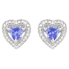 Natural Tanzanite Heart Earrings With Diamonds 1.16 Carats Sterling Silver