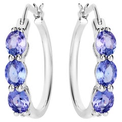 Natural Tanzanite Hoop Earrings With Diamonds 1.97 Carats Sterling Silver